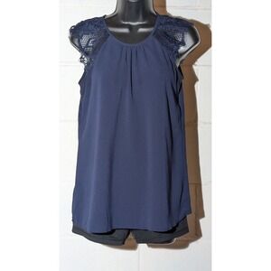 Xhilaration Navy Blue Sleeveless Blouse Top with Lace Shoulder Detail Small